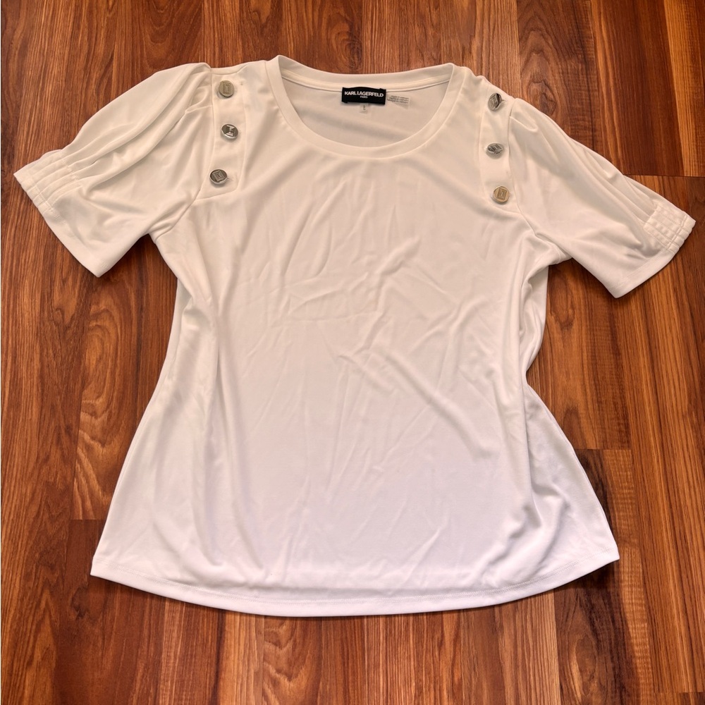 Karl Lagerfeld Cream Fitted Buttoned T-Shirt